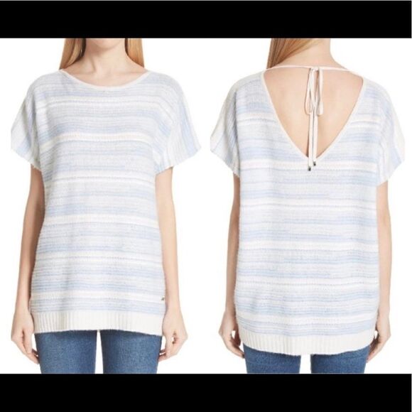 St. John Cashmere Linen Striped V Back Short Sleeves Sweater Top - Picture 1 of 14
